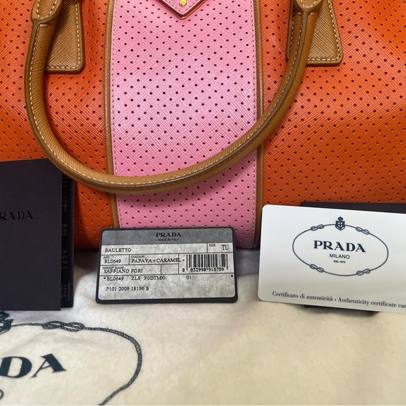 PRADA Boston Papaya Caramel Pink Saffiano Fori Perforated Satchel - Picture 4 of 13